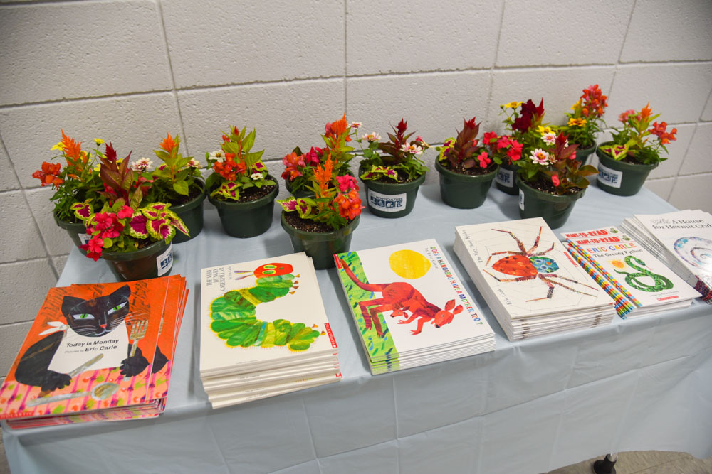Books and flowers on a table