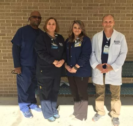 •	PTC Radiologic Technology Faculty, from left:  Jerry Ryans, instructor; Dana Long, clinical coordinator; Lindsay Edwards, adjunct instructor; and Lee Balentine, program director