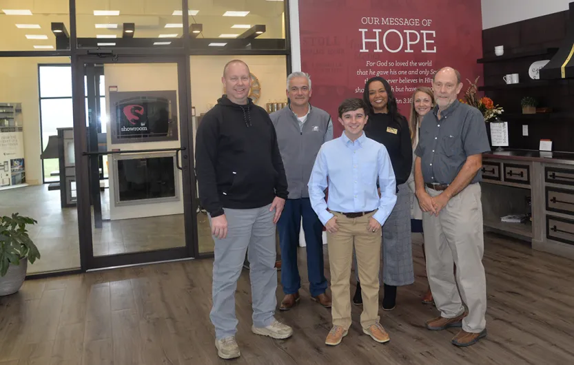 Gathered recently at Stoll Industries, from left:  Darris Stoll; Rusty Denning, PTC associate vice president for economic development and continuing education; apprentice Noah Howell; Dr. Hope E. Rivers, PTC president; Emily Hodge of Apprenticeship Carolina™; and Dennis Stoll