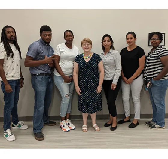 •	Pictured from left: Keevis Caldwell, Marion Mays, Patrice Brown, Instructor Trish Buis, Amanda Bishop, Maria Martinez, and Brittany Kibler