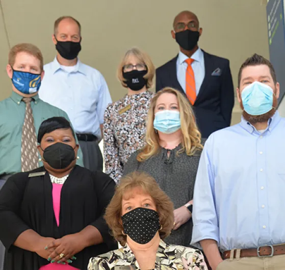 From left:  Russell Martin, Director of Marketing and Public Relations; Renae Frazier, Dean of Admissions; David Rosenbaum, Associate Dean of Students; Fran Wiley (front), Associate Vice President for Development for the PTC Foundation; Carol Paguntalan, Director of Academic Advising; Josh Lindsay, Dean of Arts and Sciences; and Eric Hawthorne, Director of IT Support. 